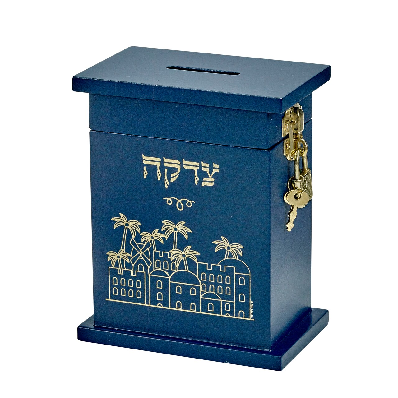 Rite Lite 5.5" Blue and Gold Classical Enameled Wood Tzedakah Box